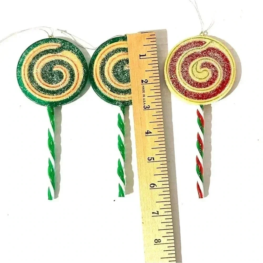 Vintage x3 Christmas Lollipop Hanging Ornaments Glitter Tree Swirl Design Art - Picture 8 of 9